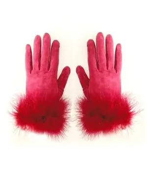 1980s DIOR Strawberry Red Suede Feathered Gloves