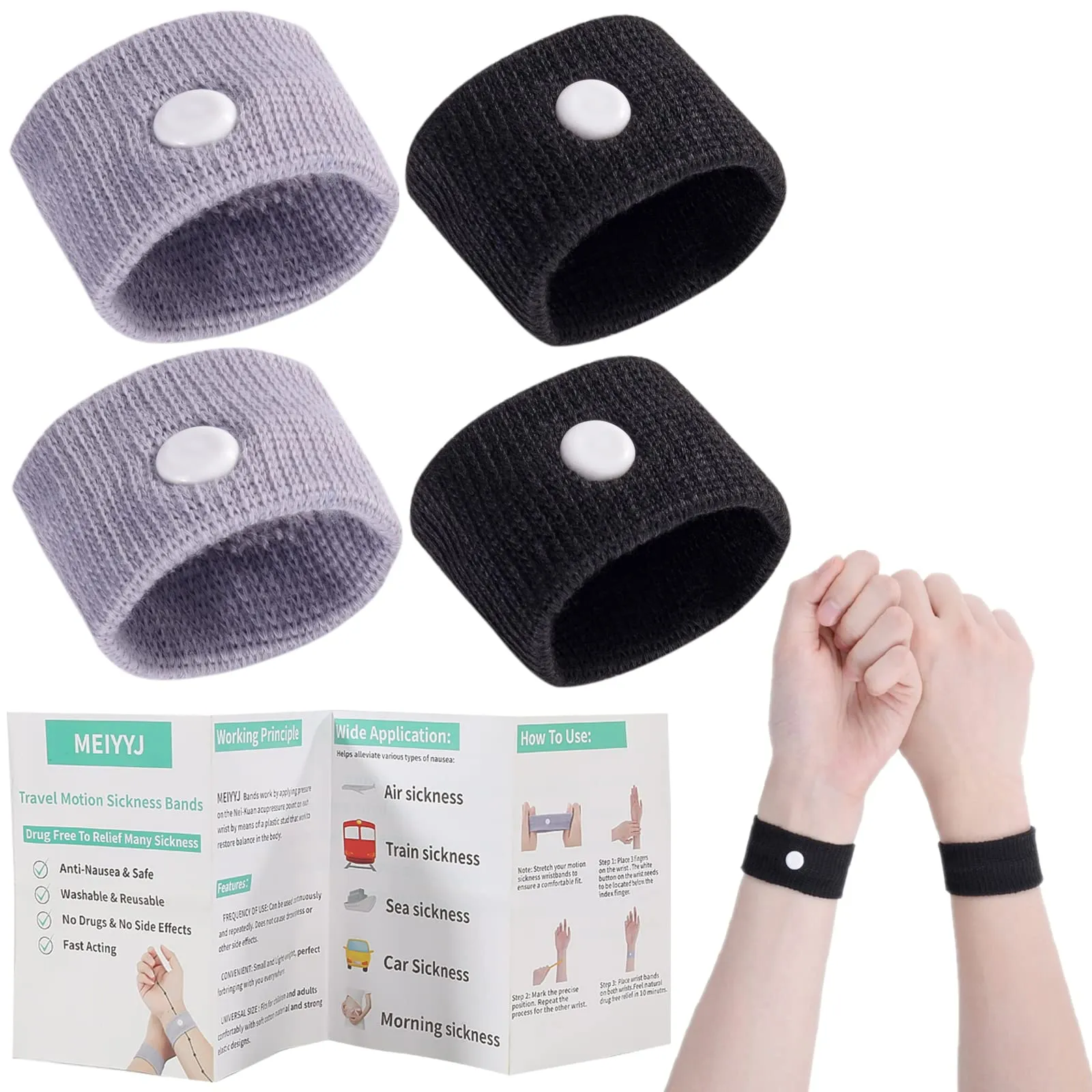 2 Pairs Motion Sickness Relief Wristbands Travel Acupressure Wristbands Nausea Relief Band for Morning Sickness Sea Travel Car Sickness Black,grey.