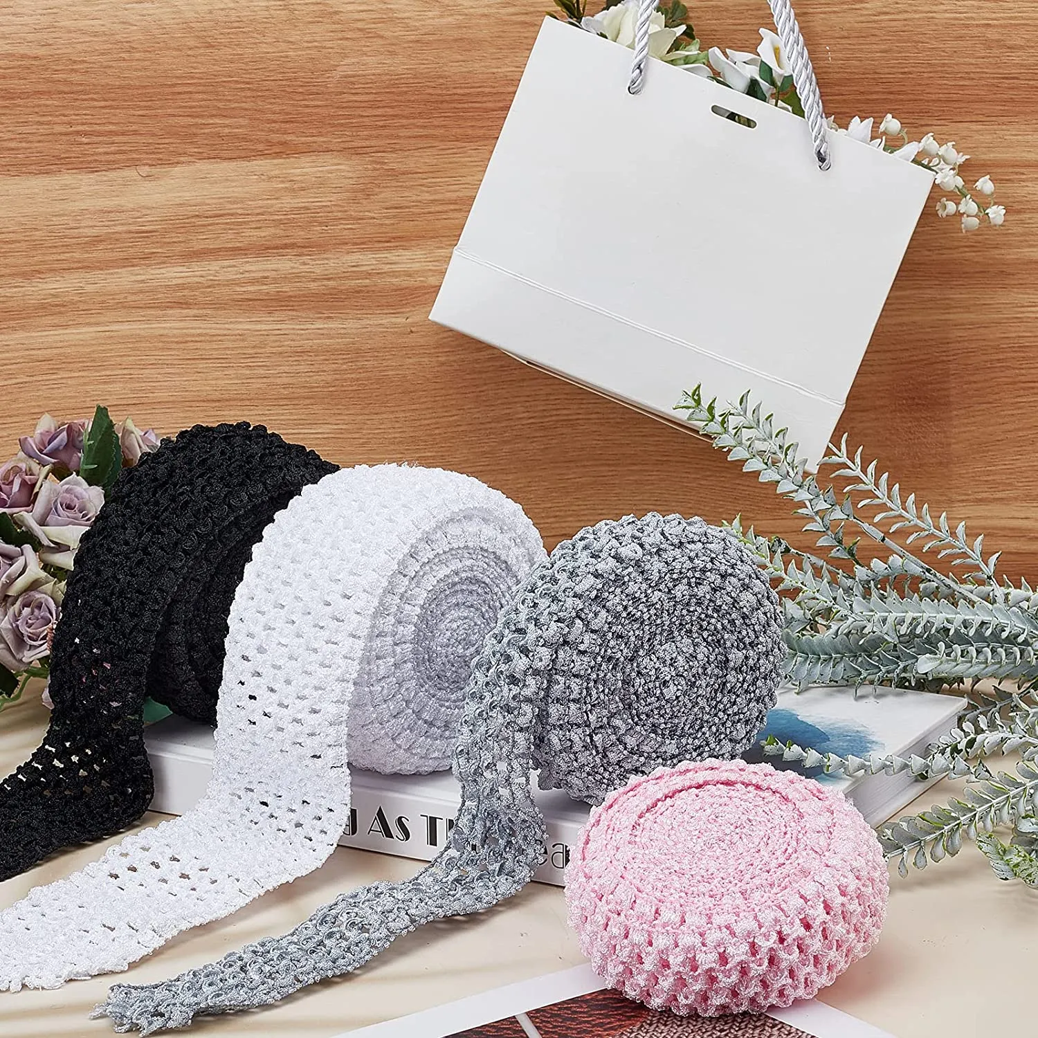 5.5 Yards 1.7 Wide Elastic Crochet Headband Ribbon Crochet Stretch Trim Fabric for Hair Accessories Tube Top, Light Pink