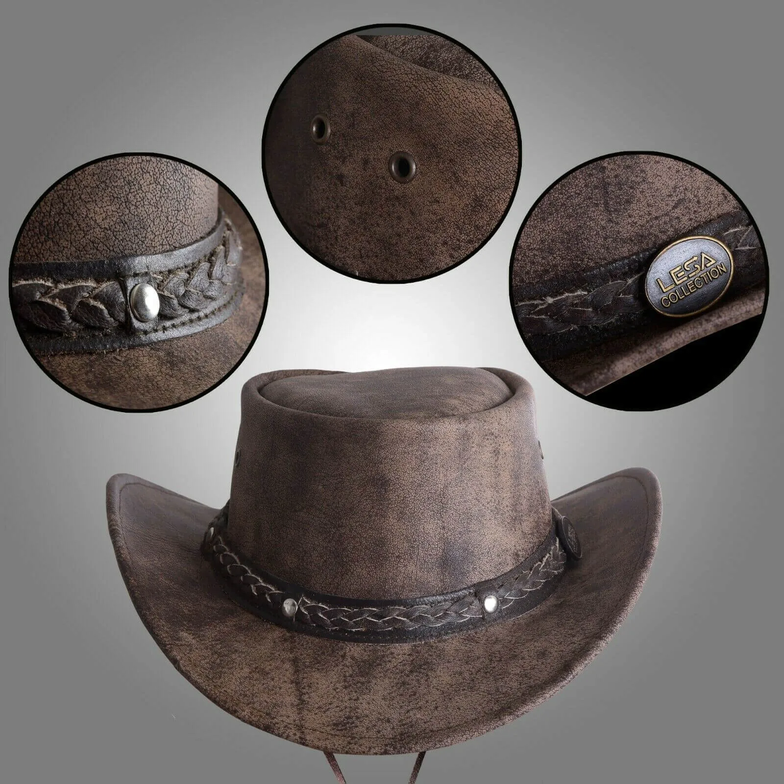 Australian Style Brow Leather Distressed Crushable Foldable Outback Classic Hat