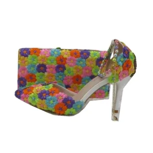 BAYA Women's Fashion Elegant Multi-Color Rainbow Flower Lace Design Wedding Shoes with Matching Handbag