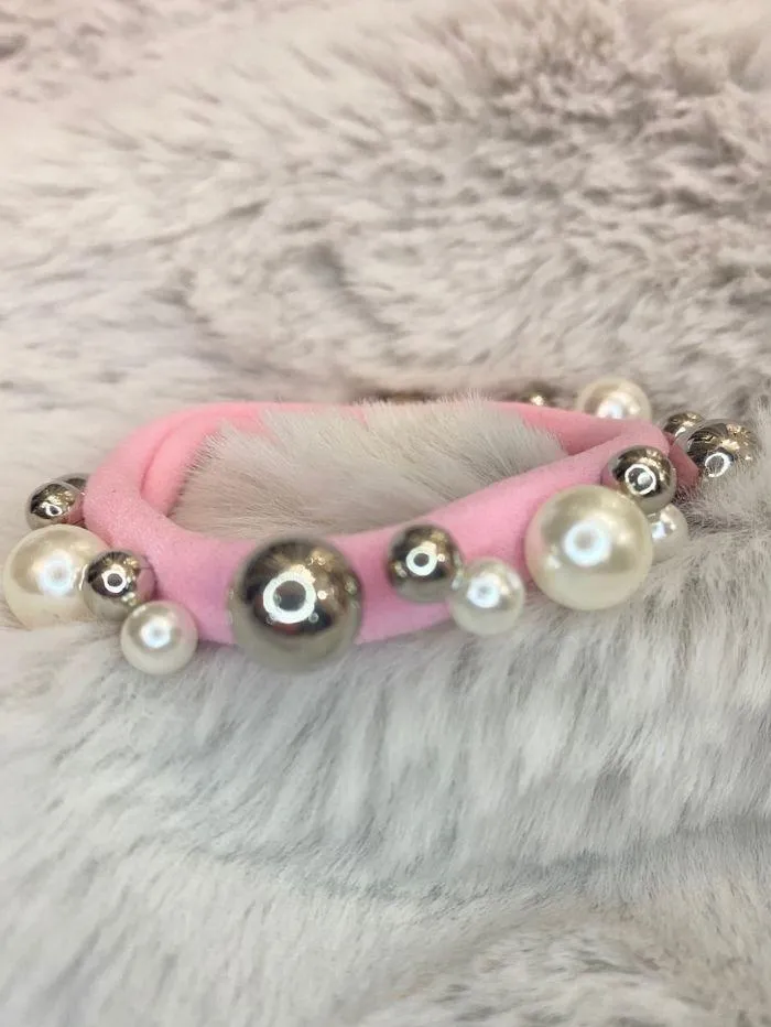 Black Colour Elastic Pearl Hair Tie Bracelet Pink With Pearls 5538