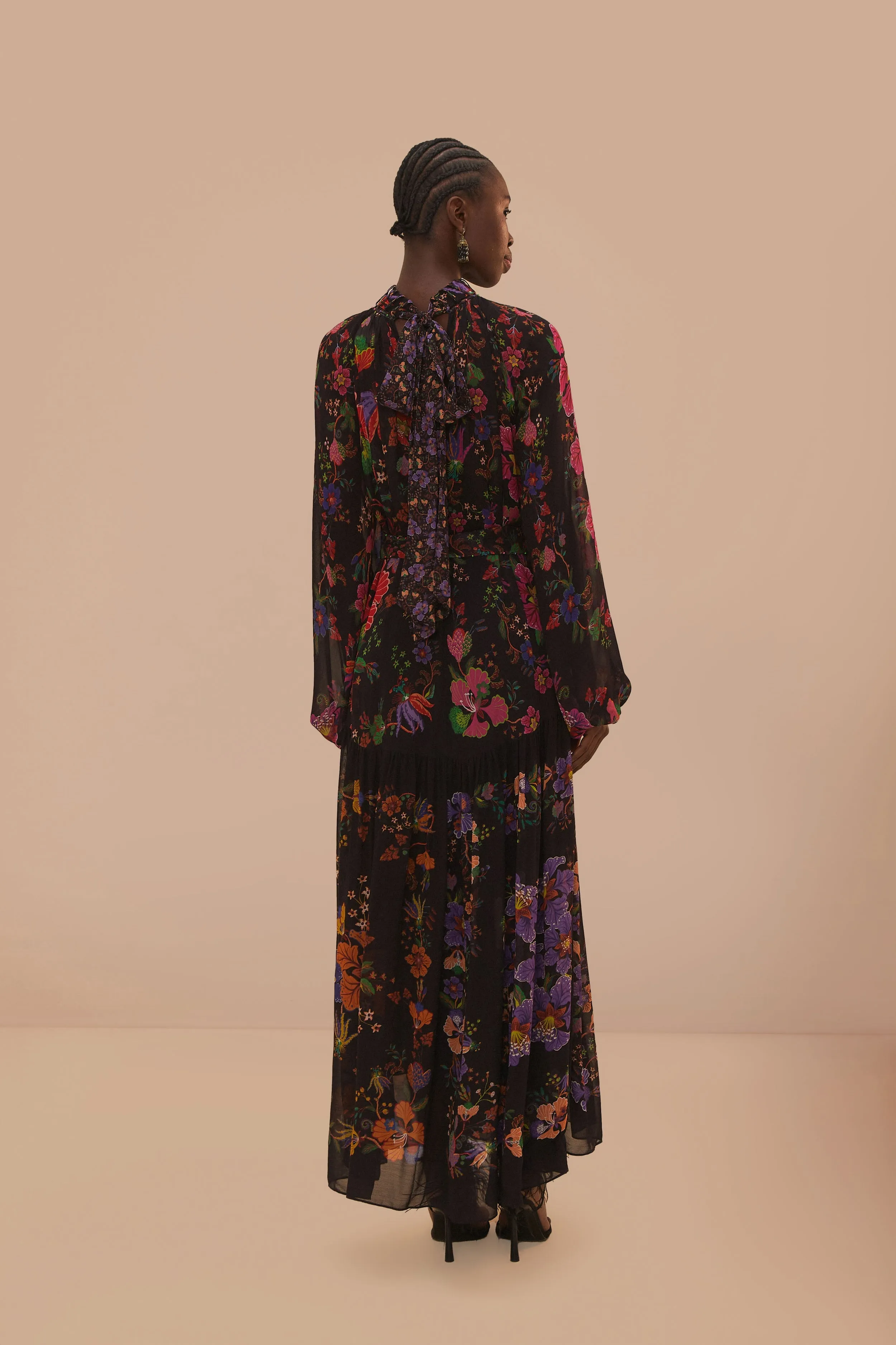 Black Floral Scarves High Neck Maxi Dress