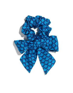 Blue Mermaid Print Silk Twill Bow Scrunchie
