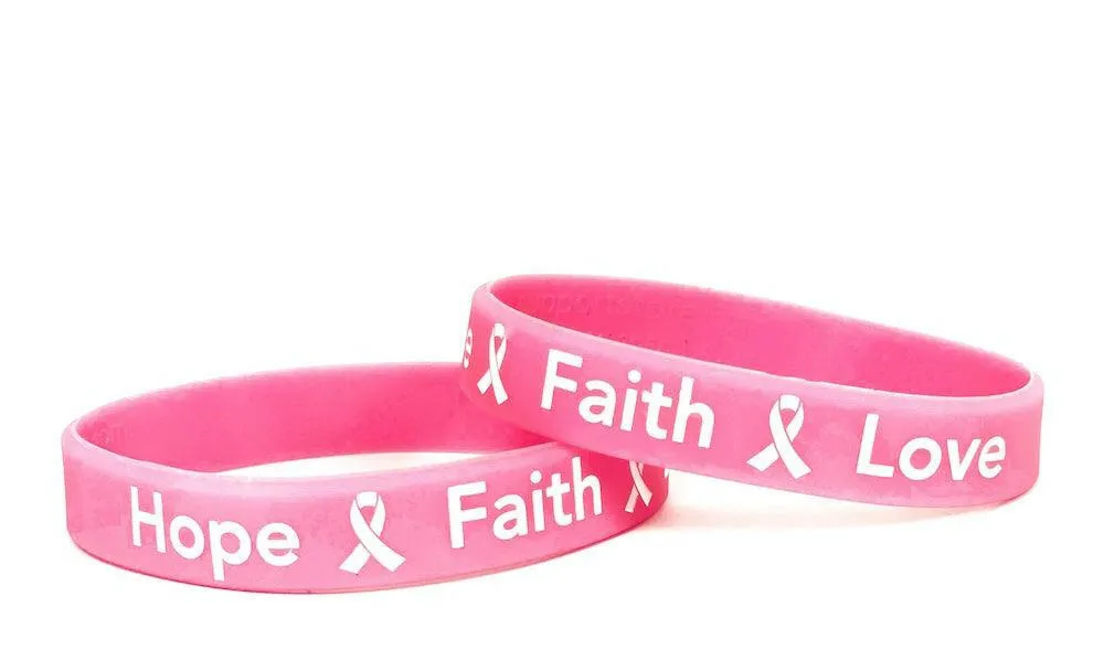 Breast Cancer Awareness "Hope Faith Love" Pink Rubber Bracelet Wristband White Letters- Adult 8"