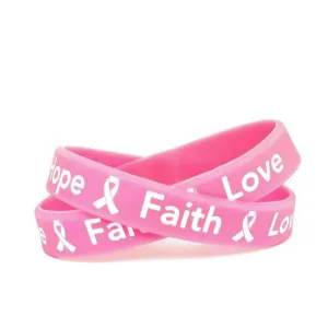 Breast Cancer Awareness "Hope Faith Love" Pink Rubber Bracelet Wristband White Letters- Adult 8"