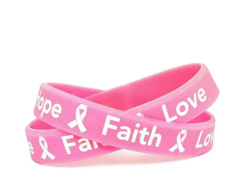 Breast Cancer Awareness "Hope Faith Love" Pink Rubber Bracelet Wristband White Letters- Adult 8"
