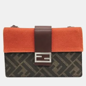 Brown Coated Canvas Baguette Handbag