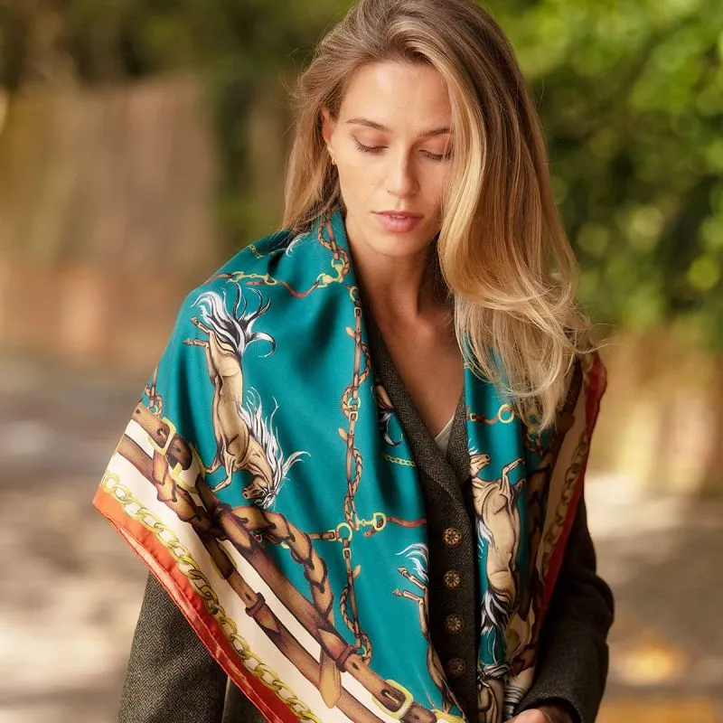 Clare Haggas Rearing To Go Large Silk Scarf - Teal & Rust