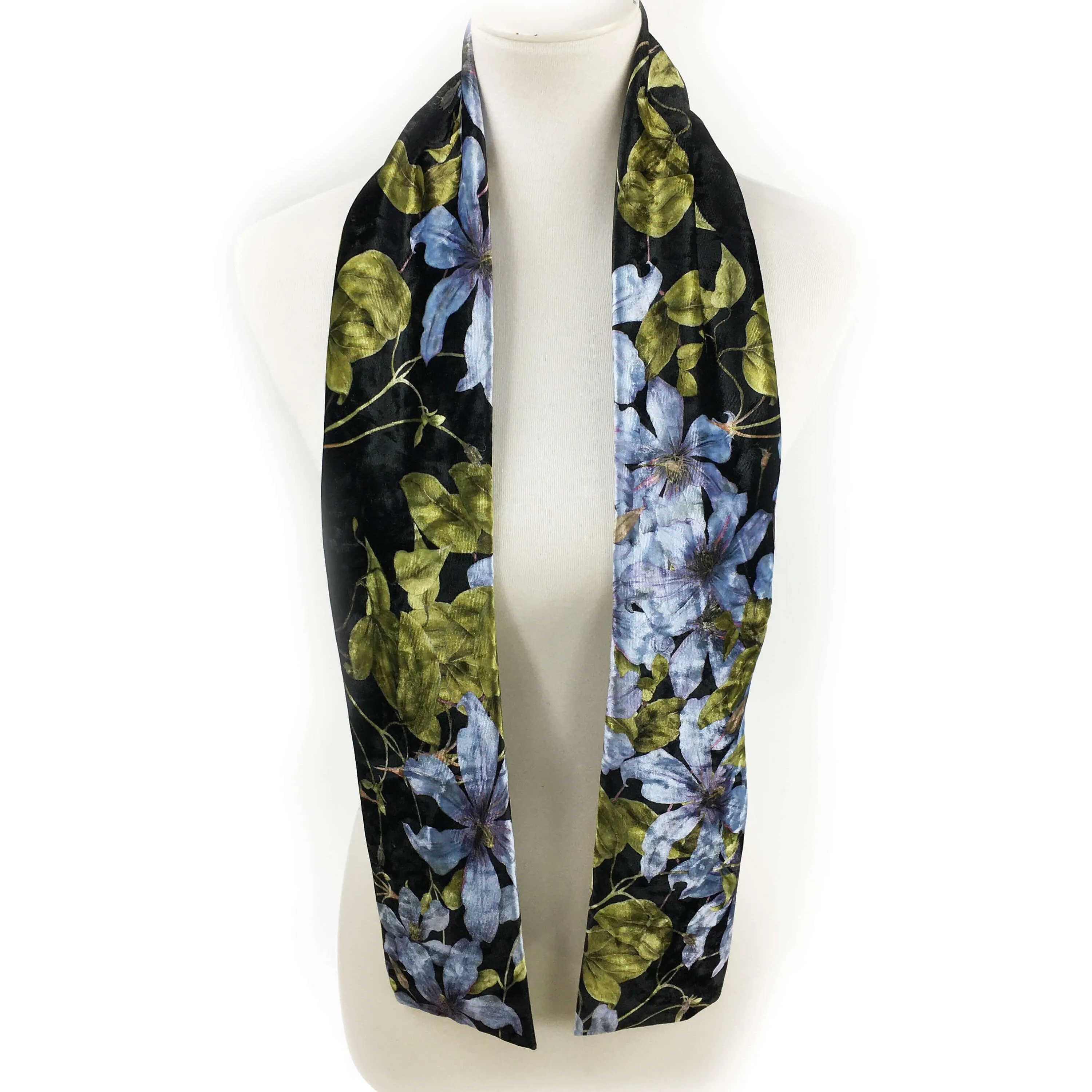 Denim Blue Clematis Velour Scarf, Womans Scarf, All season, Luminous Scarf, handmade artist scarf, Wear all day or evening