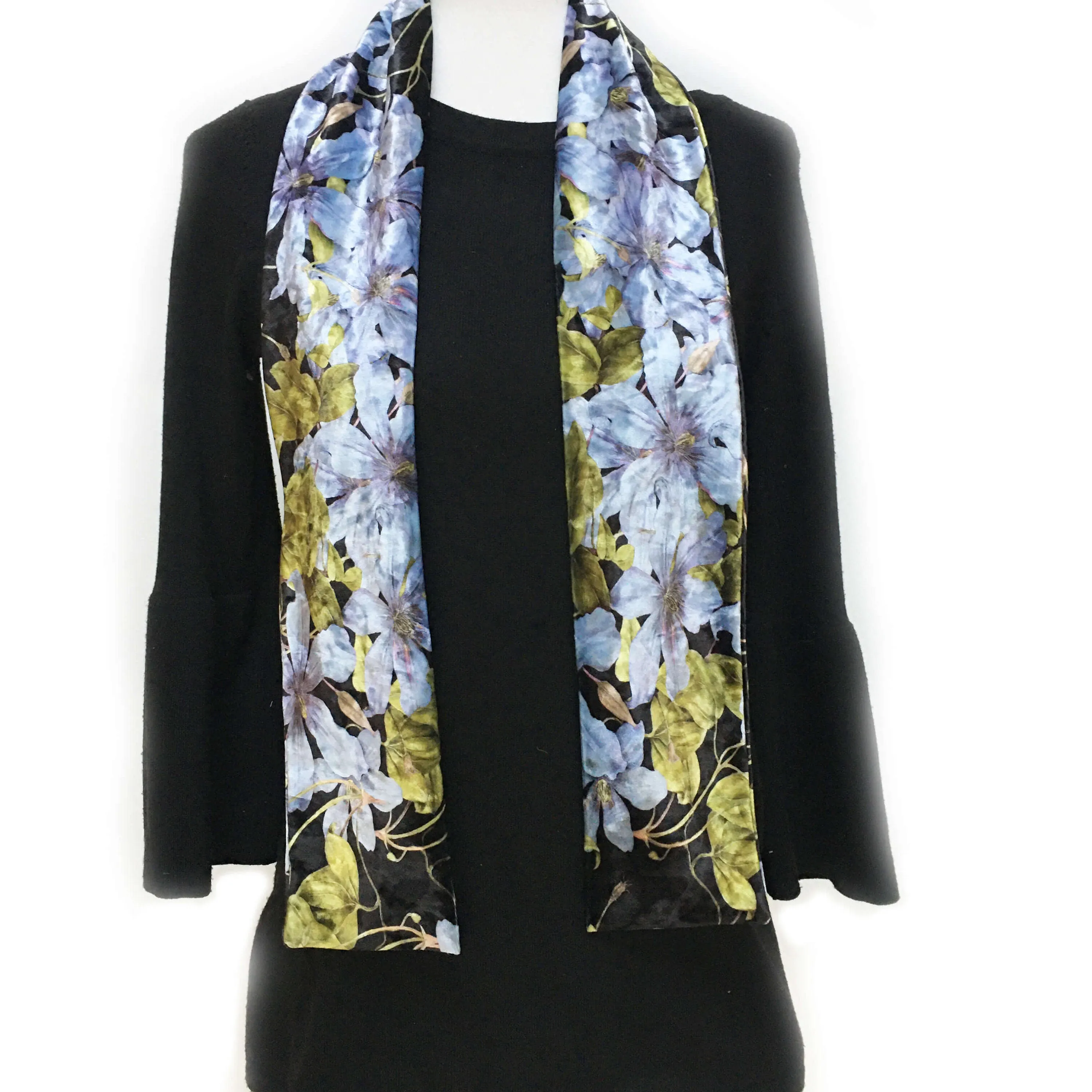 Denim Blue Clematis Velour Scarf, Womans Scarf, All season, Luminous Scarf, handmade artist scarf, Wear all day or evening