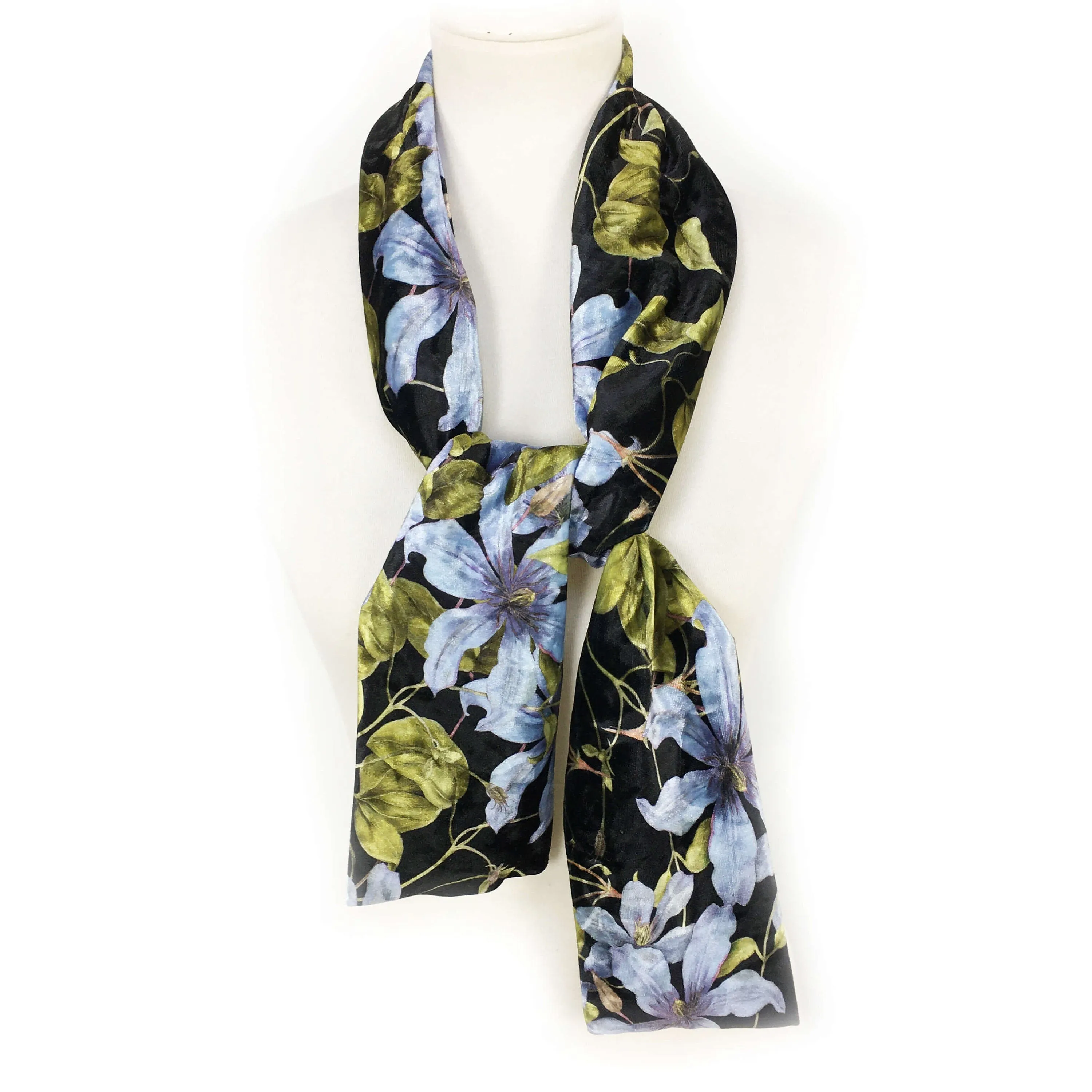 Denim Blue Clematis Velour Scarf, Womans Scarf, All season, Luminous Scarf, handmade artist scarf, Wear all day or evening