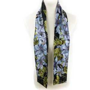 Denim Blue Clematis Velour Scarf, Womans Scarf, All season, Luminous Scarf, handmade artist scarf, Wear all day or evening