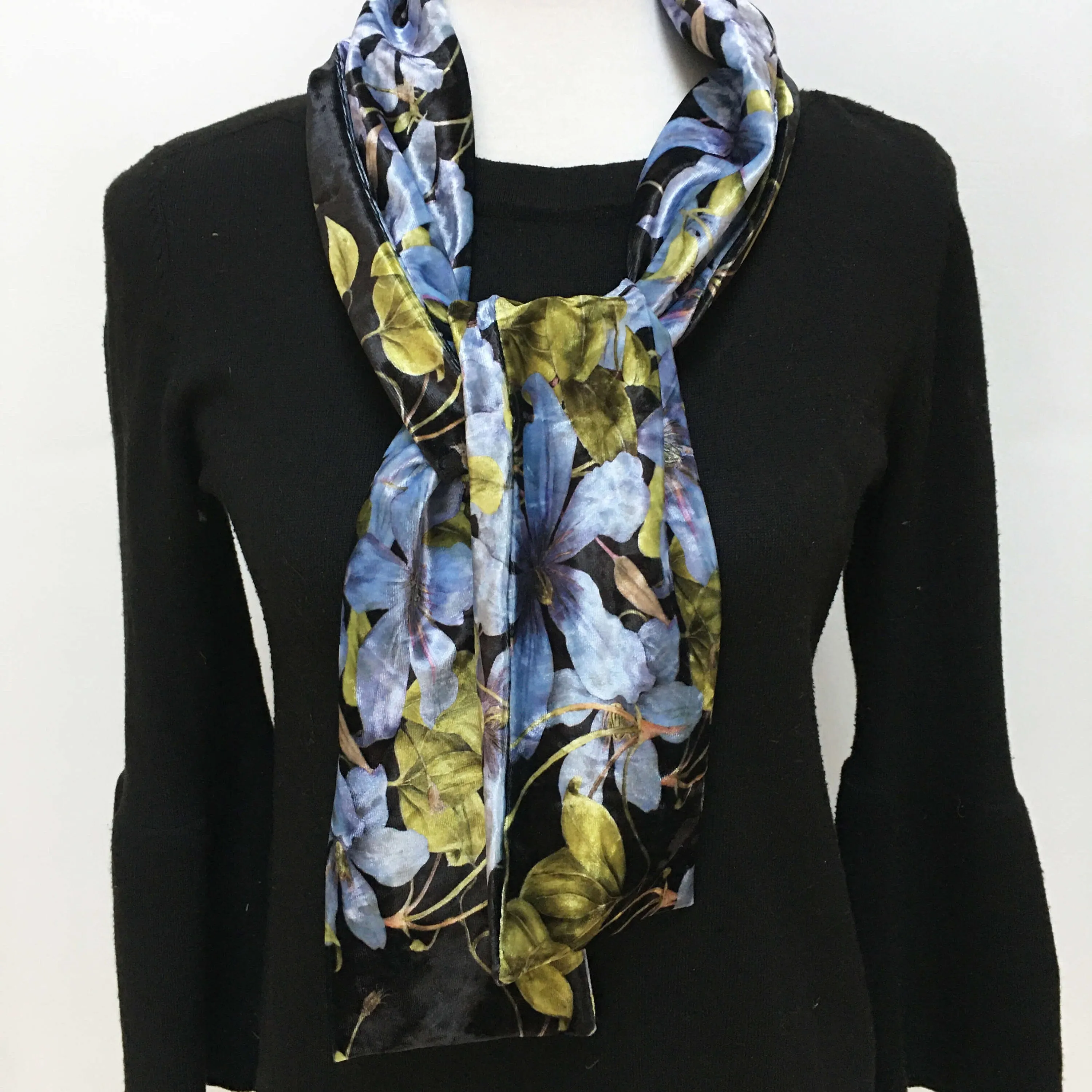 Denim Blue Clematis Velour Scarf, Womans Scarf, All season, Luminous Scarf, handmade artist scarf, Wear all day or evening