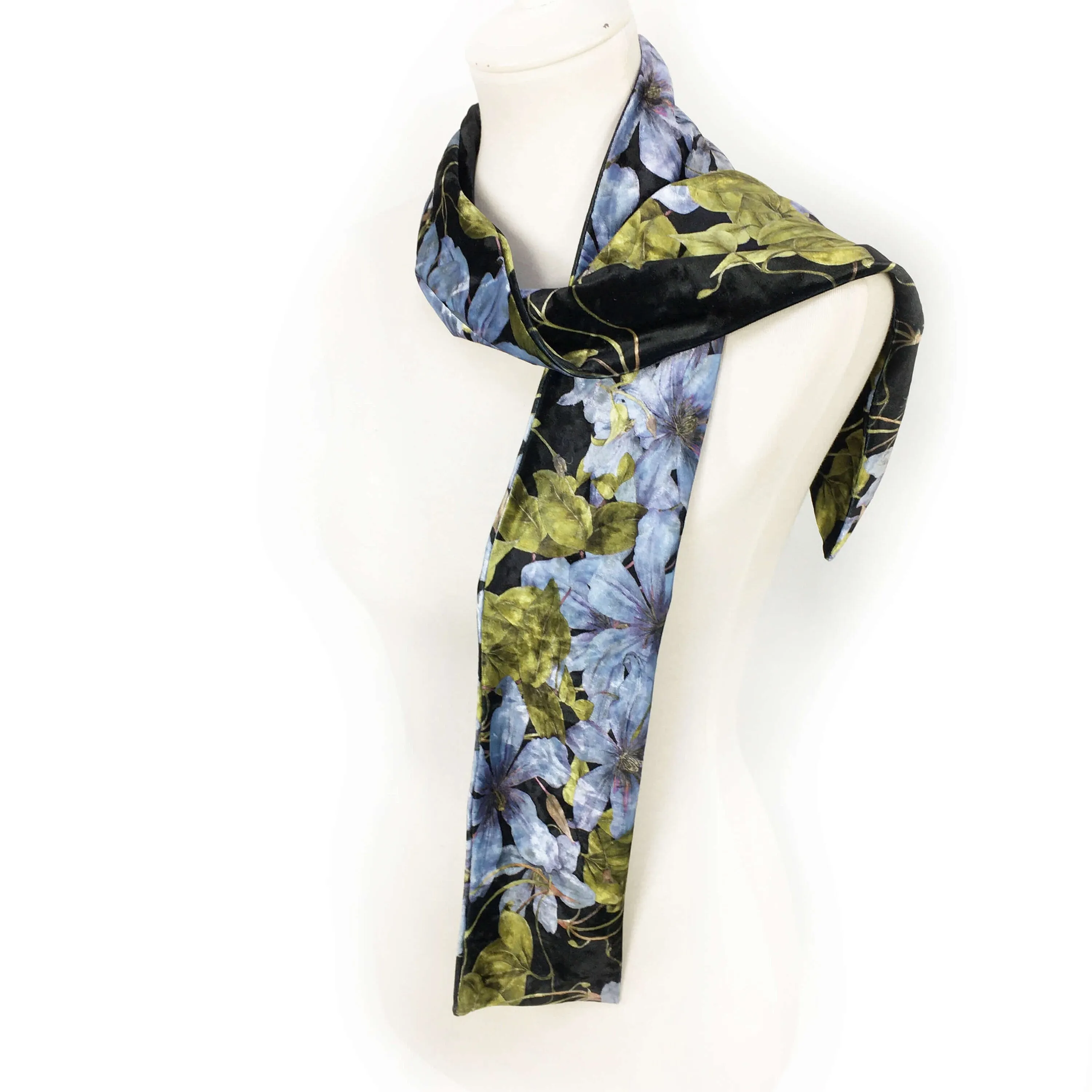 Denim Blue Clematis Velour Scarf, Womans Scarf, All season, Luminous Scarf, handmade artist scarf, Wear all day or evening