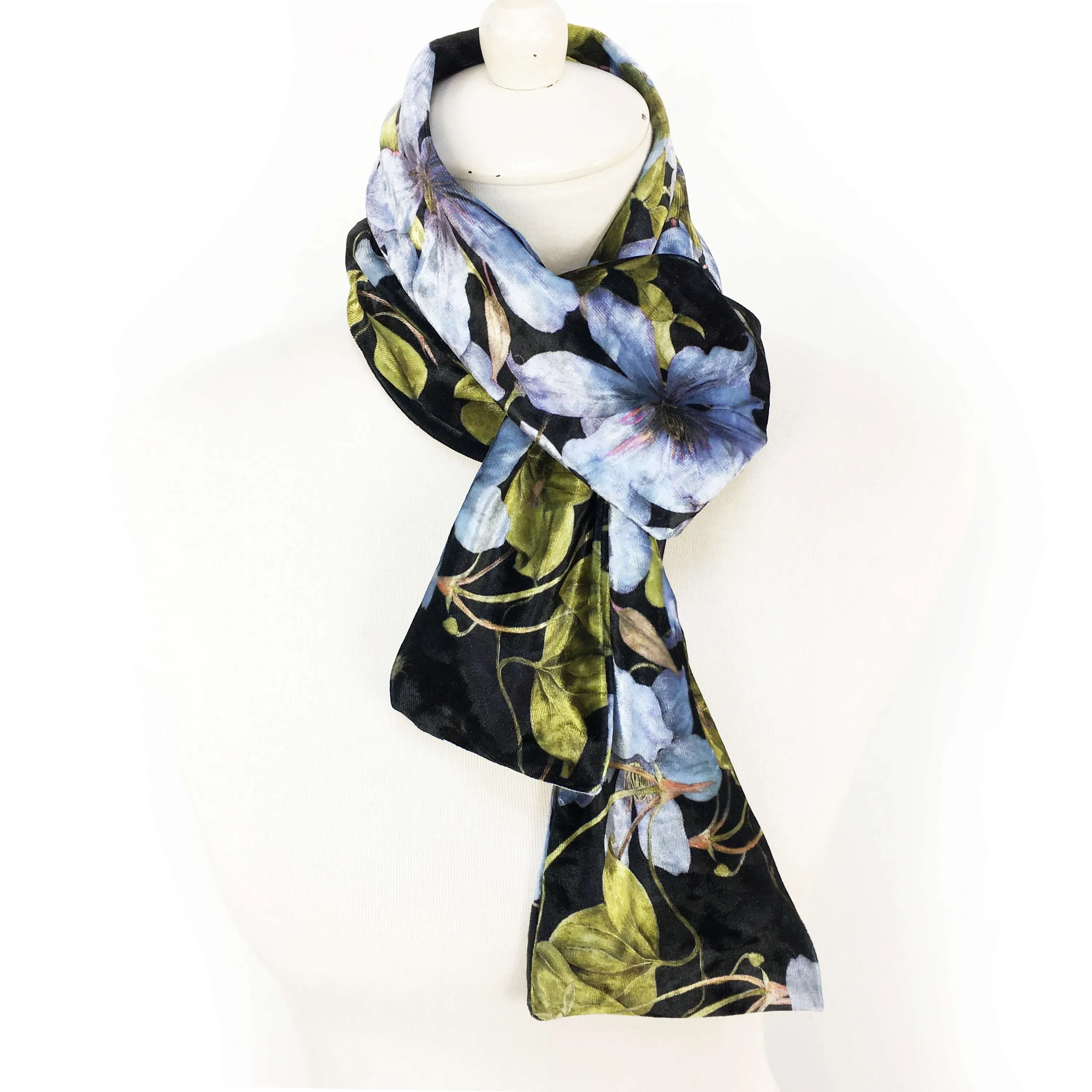 Denim Blue Clematis Velour Scarf, Womans Scarf, All season, Luminous Scarf, handmade artist scarf, Wear all day or evening