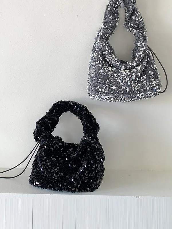 Drawstring Pleated Sequined Handbags Shoulder Bags