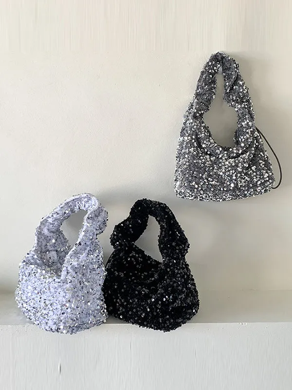 Drawstring Pleated Sequined Handbags Shoulder Bags