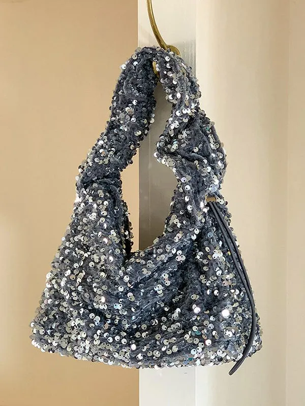 Drawstring Pleated Sequined Handbags Shoulder Bags