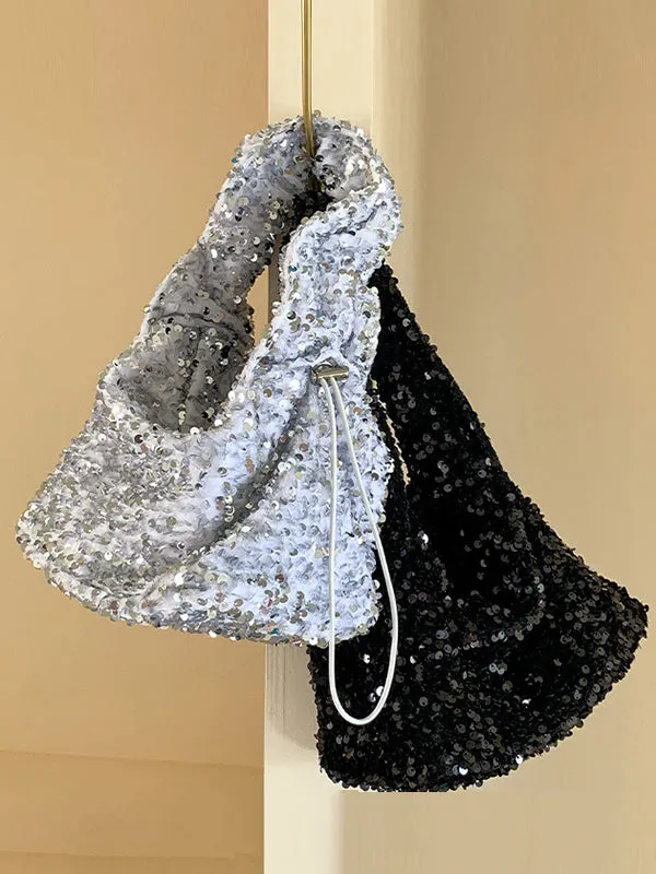 Drawstring Pleated Sequined Handbags Shoulder Bags