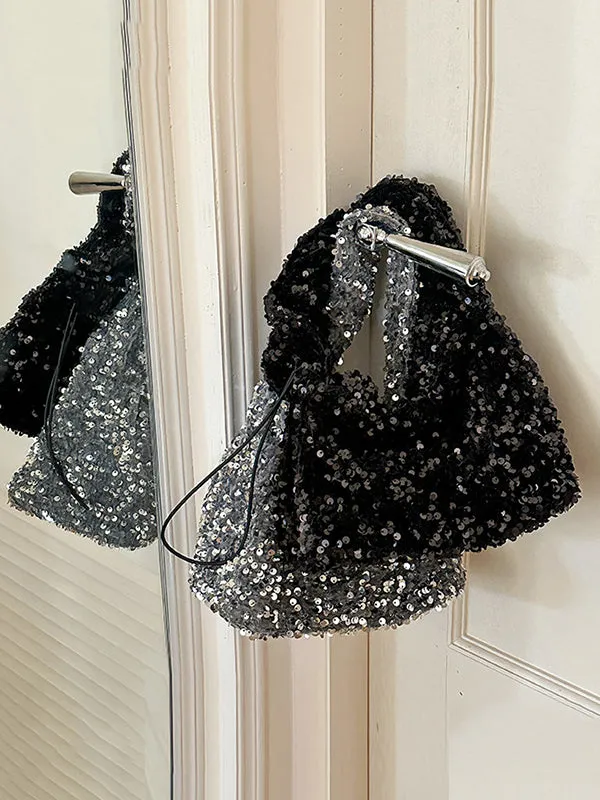 Drawstring Pleated Sequined Handbags Shoulder Bags