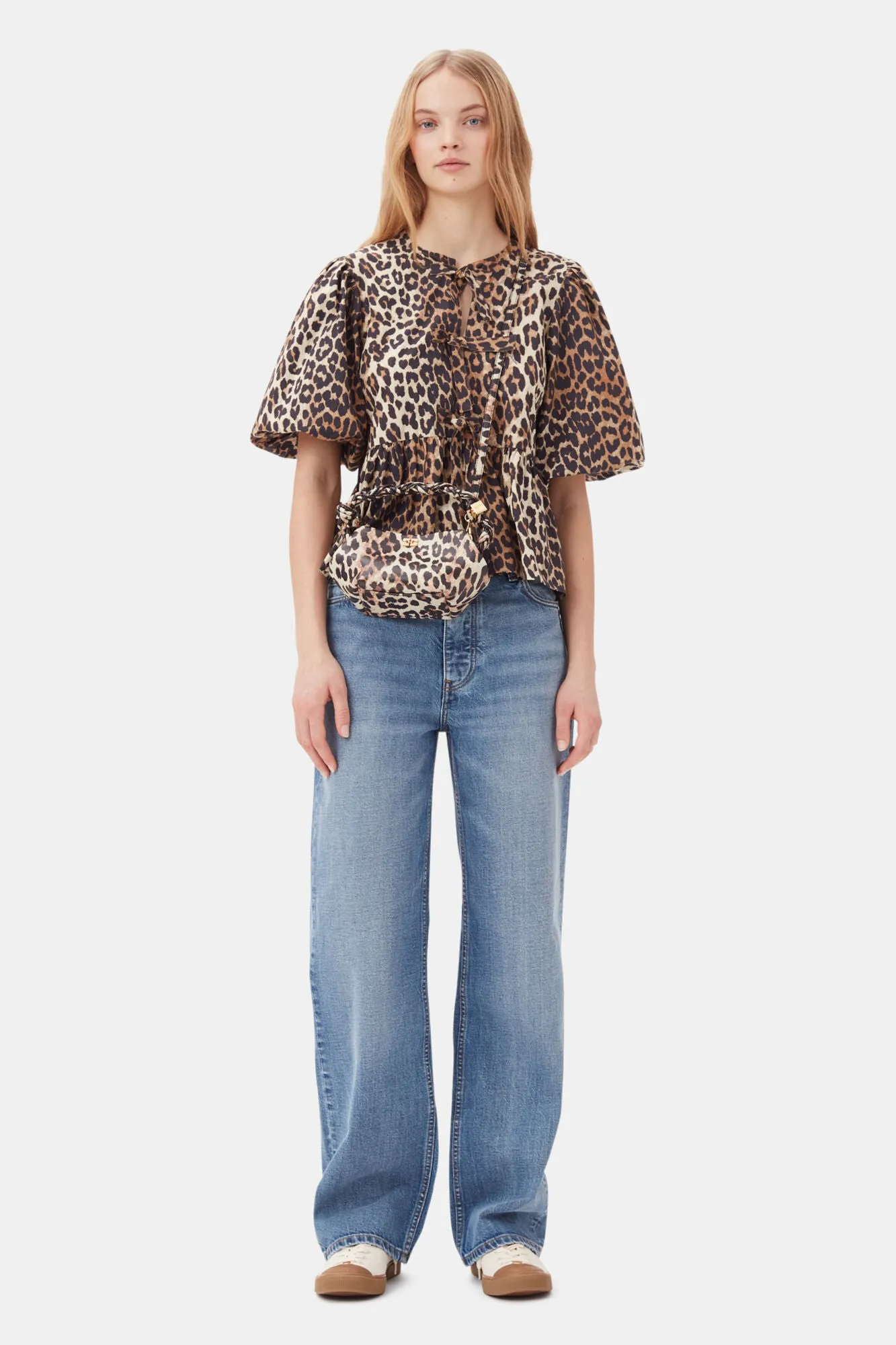Ganni Leopard Cotton Poplin Peplum Tie Blouse