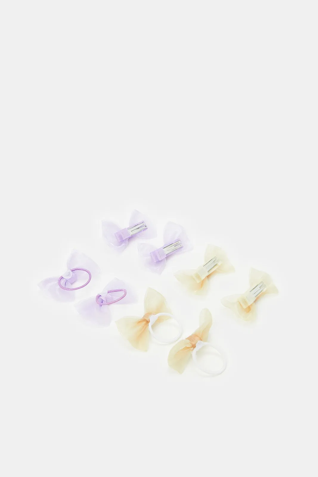 Girls Purple And Yellow Bow Hair Ties And Clips (Pack of 8)