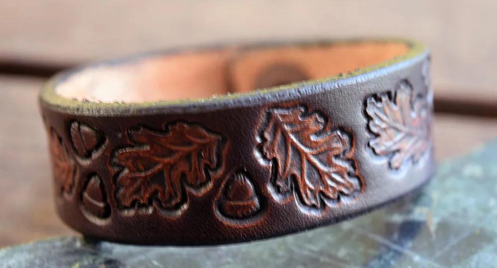 Handmade Leather Bracelets | Vintage Tooled Oak Leaf Design