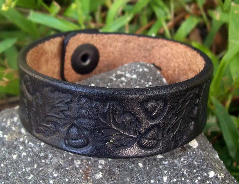Handmade Leather Bracelets | Vintage Tooled Oak Leaf Design