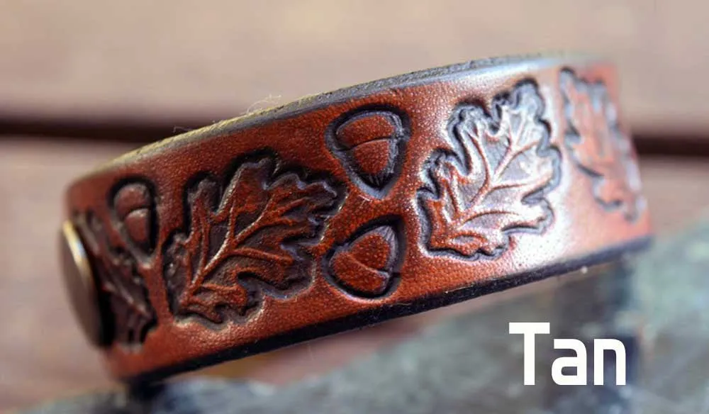 Handmade Leather Bracelets | Vintage Tooled Oak Leaf Design