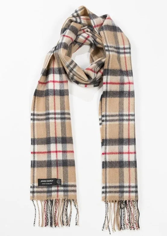 John Hanly Merino Scarf | Camel Tartan
