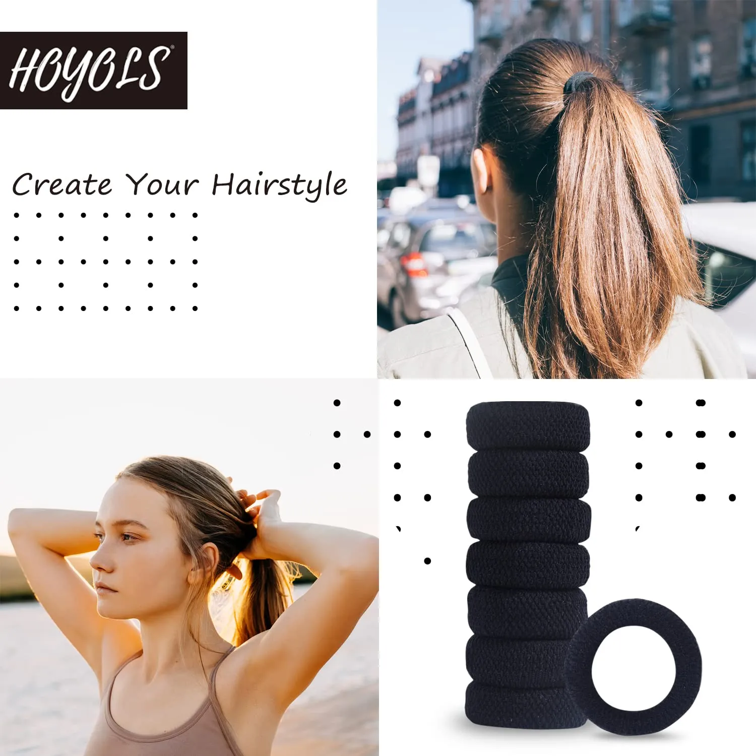 Large Thick Hair Ties, Black Ponytail Holder Seamless Hair Bands Cotton Stretch for Women Mens Hair Ties No Damage Headband HOYOLS (Black)