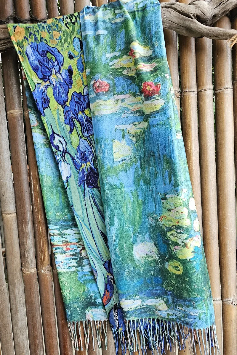 Monet Cashmere Purple Lillies Reversible Fringe Scarf