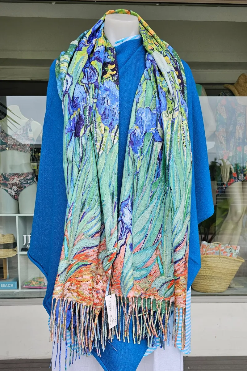 Monet Cashmere Purple Lillies Reversible Fringe Scarf