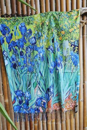 Monet Cashmere Purple Lillies Reversible Fringe Scarf