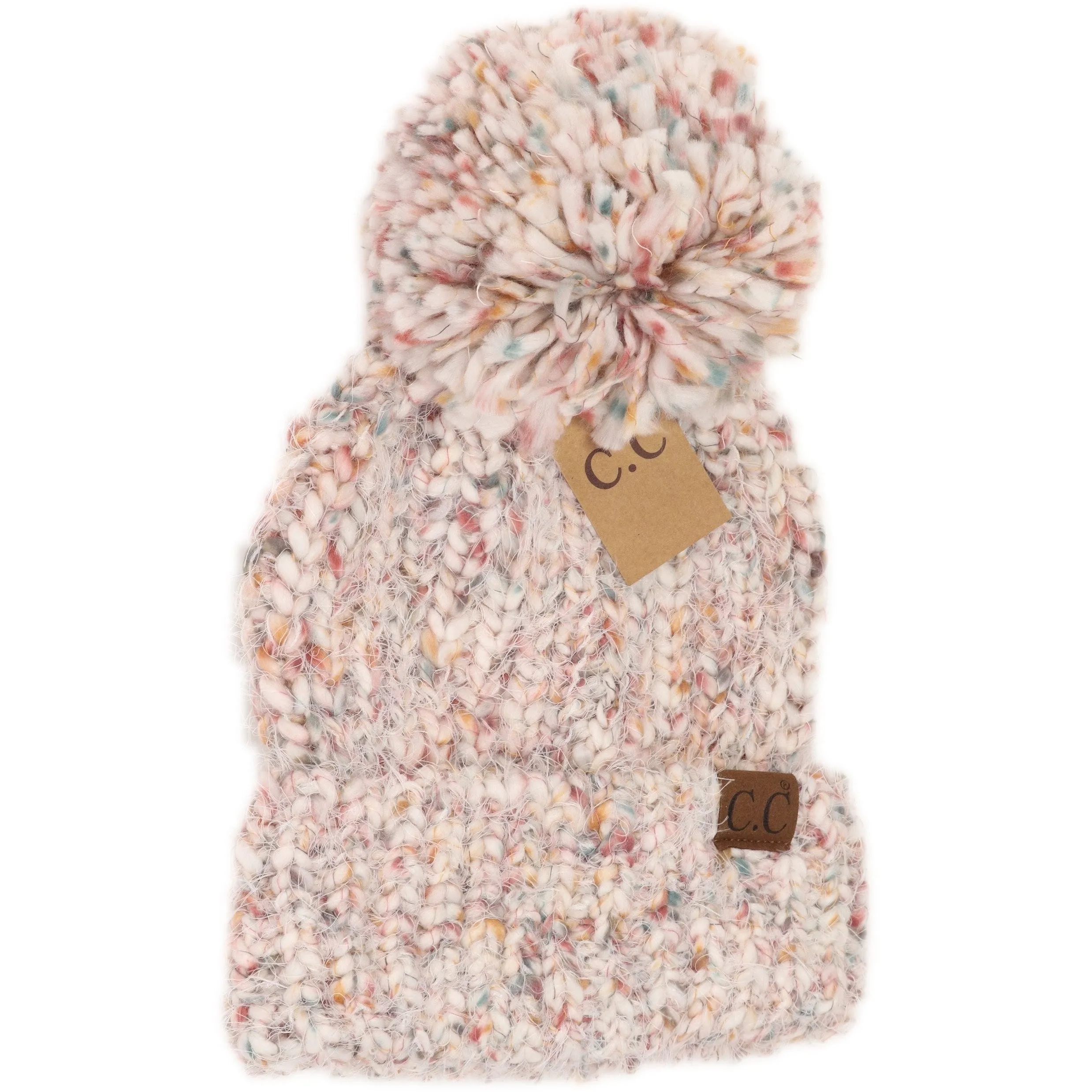 Multi Color Feather Knit Pom Beanie Ivory