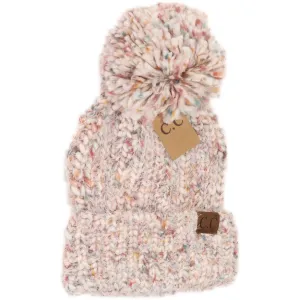 Multi Color Feather Knit Pom Beanie Ivory