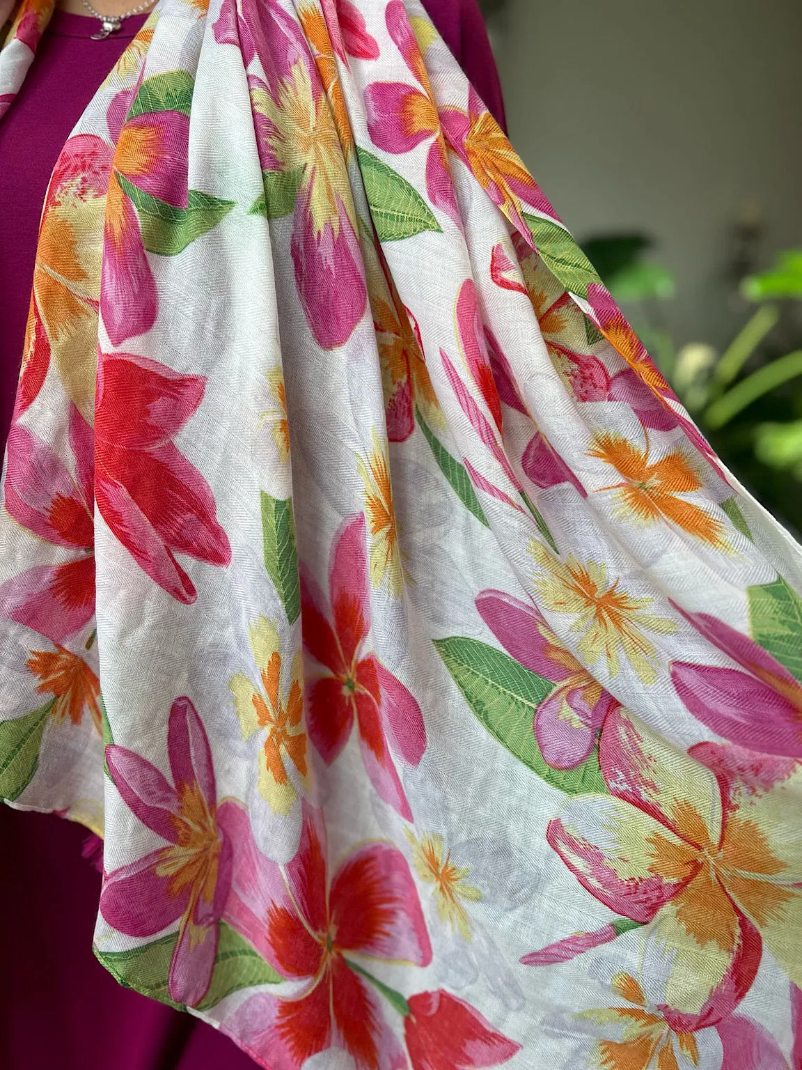 Pink Vibrant Flowers Tassel Scarf