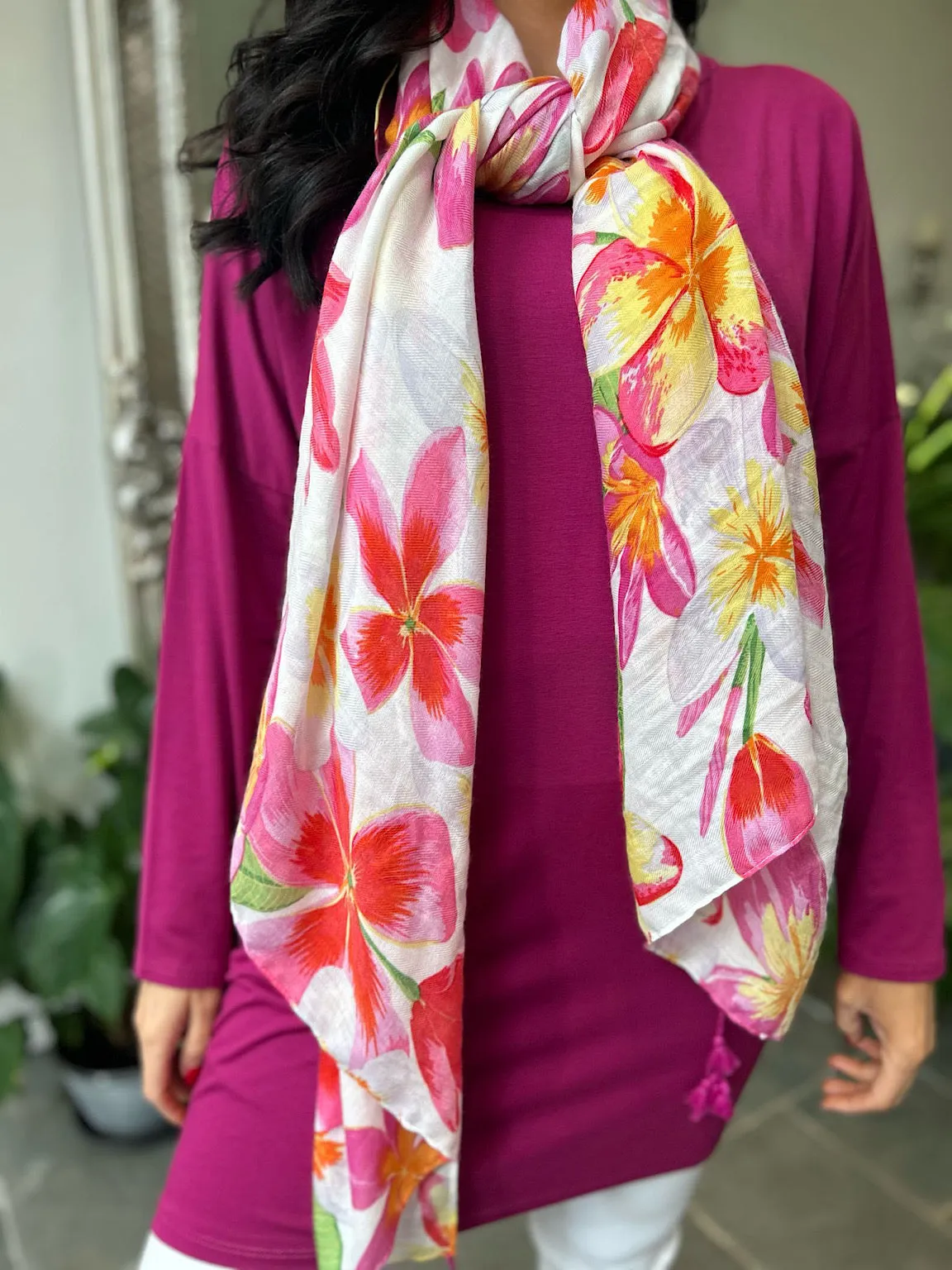 Pink Vibrant Flowers Tassel Scarf