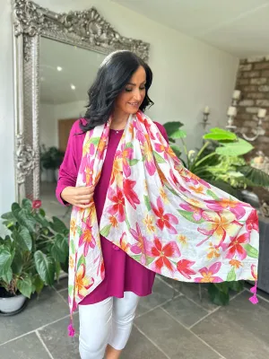 Pink Vibrant Flowers Tassel Scarf