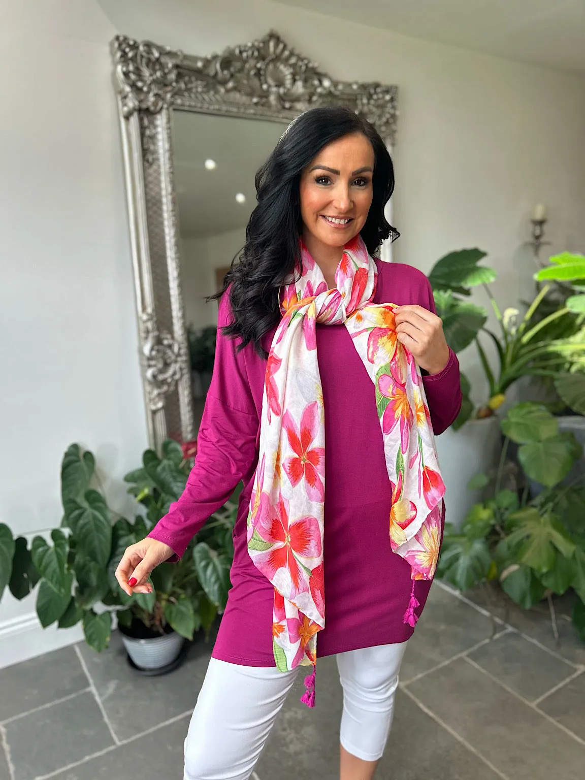Pink Vibrant Flowers Tassel Scarf