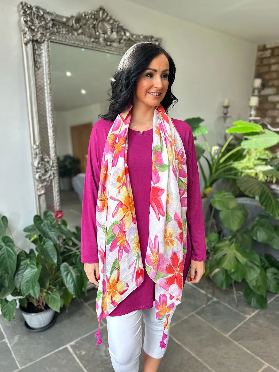 Pink Vibrant Flowers Tassel Scarf