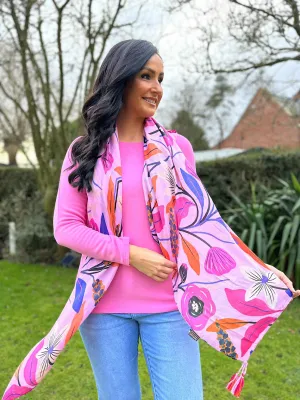 Pink Vibrant Poppy Print Tassel Scarf