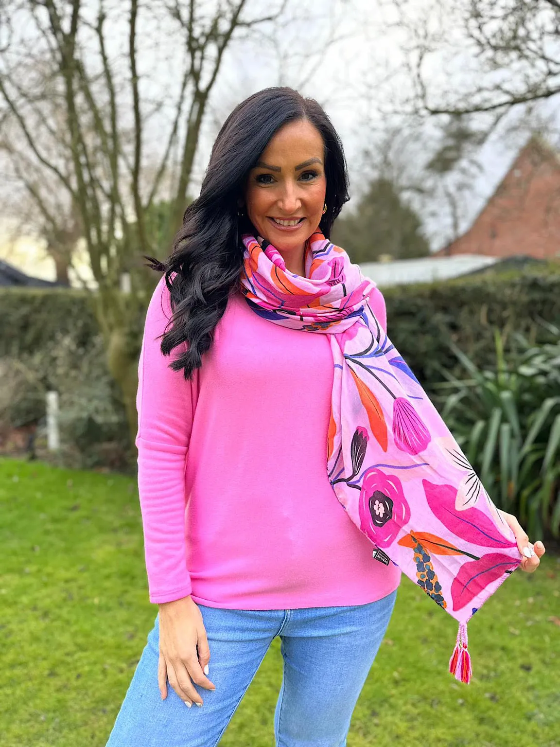 Pink Vibrant Poppy Print Tassel Scarf