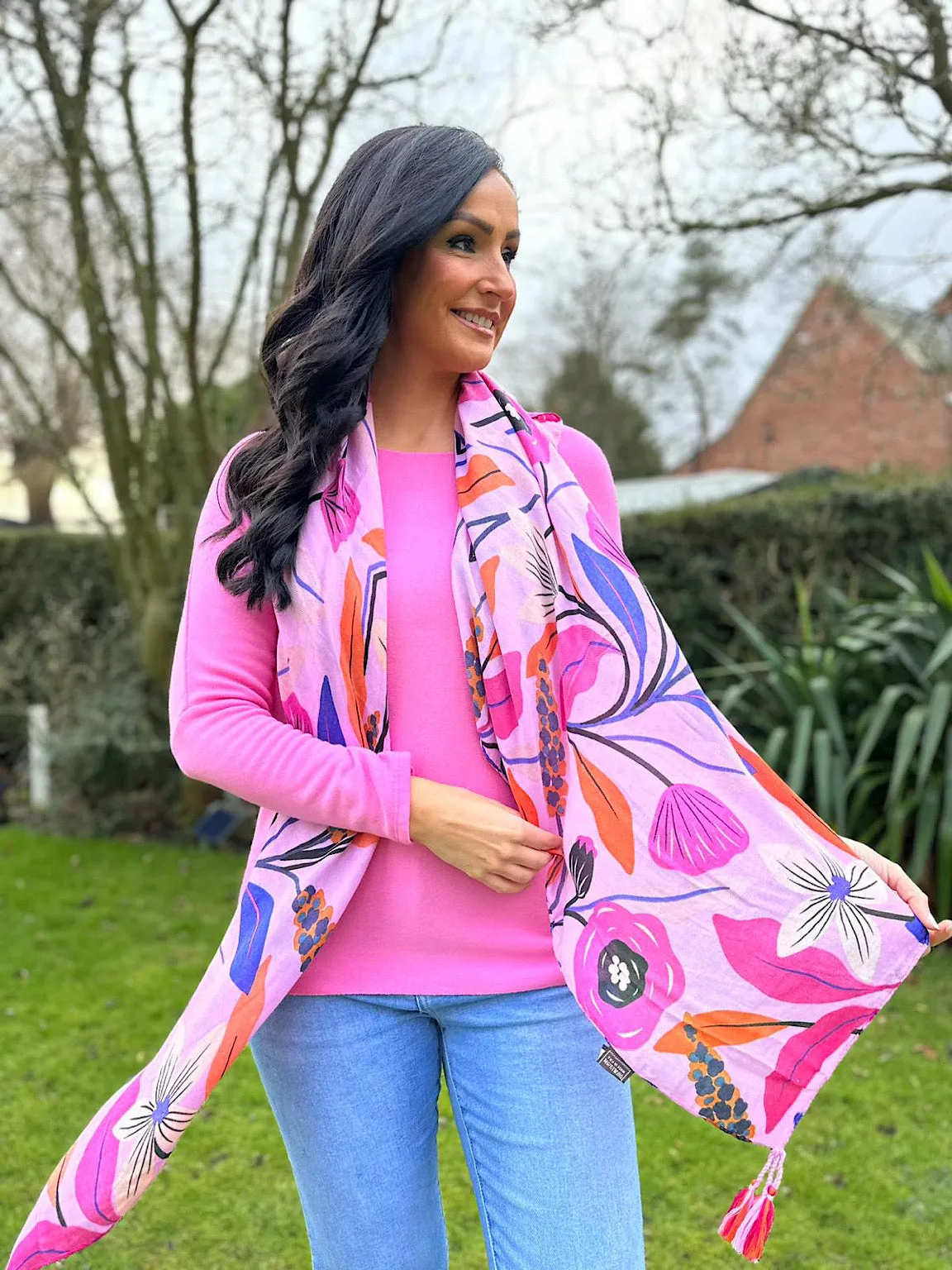 Pink Vibrant Poppy Print Tassel Scarf