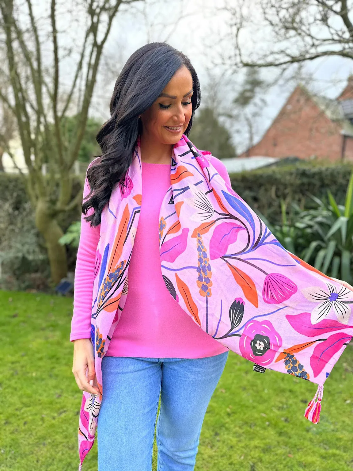 Pink Vibrant Poppy Print Tassel Scarf