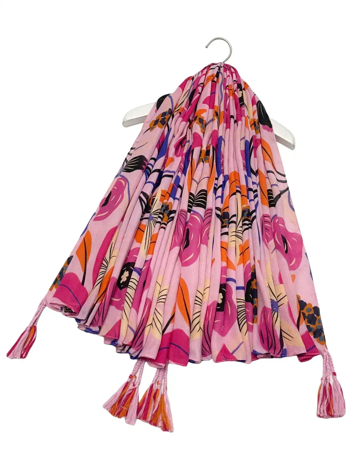 Pink Vibrant Poppy Print Tassel Scarf