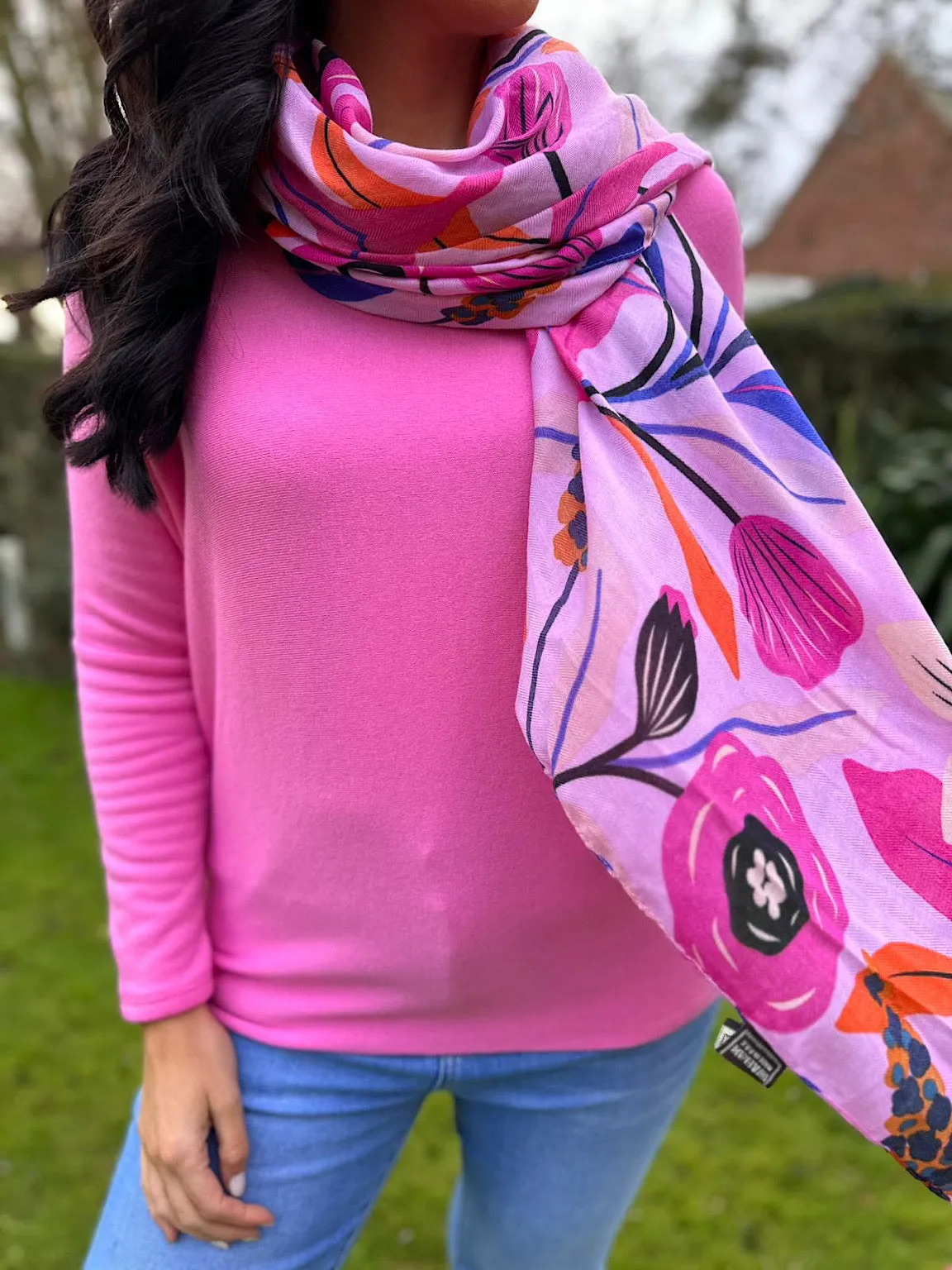 Pink Vibrant Poppy Print Tassel Scarf