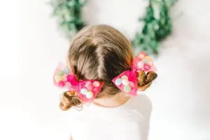 Red Bow Pom Pom Hair Ties | 4" Bow - 2Pcs | Soft Ponytail Holders with Strong Grip | Christmas Hair Accessories