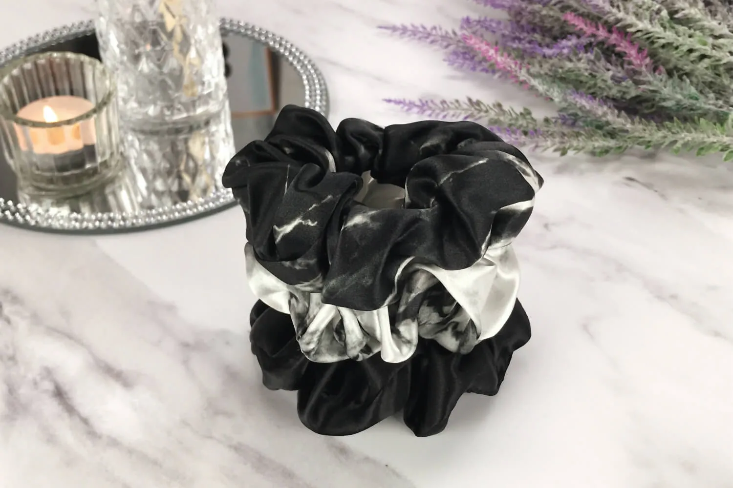 Silk Hair Ties - Black White Marble and Black Marble (Large)